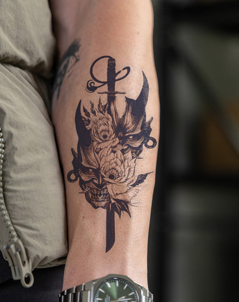 Oni Mask & Flowers Temporary Tattoo. Lasts 1-2 Weeks. – EZINK™